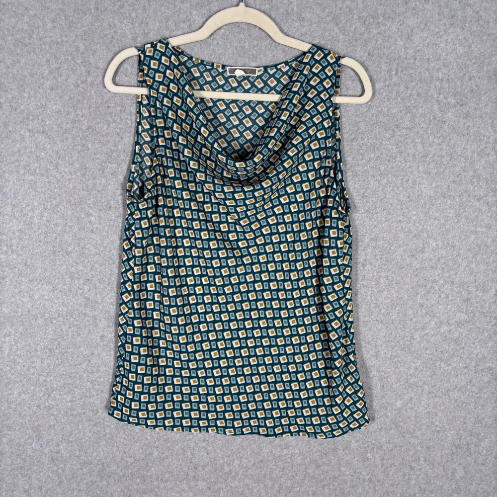 Pleione Blouse Top Womens Medium Teal Gold Satin Cowl Neck Teal Suit Mod Career‎